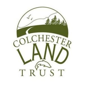 Olive green on white logo for Colchester Land Trust with a semi-circle on top with minimalist scene of a clouds, birds, fir trees, and a trail above the text of the name, with the outline of a salmon jumping between "Land" and "Trust", (C) Colchsterlandtrust.org