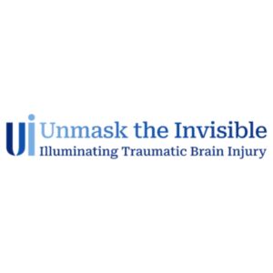 Logo for Unmask The Invisiible with a blue gradient of dark to light to dark blues and the tag line "illuminating Trauimatic Brain Injury" (C) UnmaskTheInvisible.org