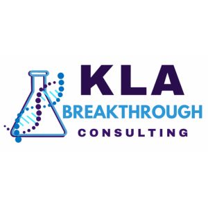 Logo for KLA Breakthrough Consulting, pharmaceutical consulting agency. includes a beaker with a DNA strand overlay, and the text of the company name, in dark purple, blue, and bright blue (C) KLA-BC.com